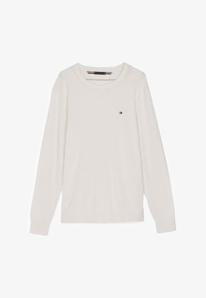 Bijela dugorosna majica od mekog materijala ima okrugli izrez, rebraste manšete i mali logo na prsima. Glatka tekstura kroz cijeli komad.