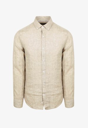 Beige linnen overhemd met een spread collar, lange mouwen en zichtbare knoopdetails. De stof heeft een tekstuurlijke, licht geweven uitstraling.
