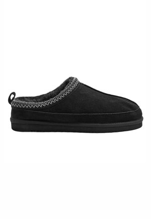 Sort slip-on tøfler med blød pelsforing og dekorative syninger rundt anklen, med en holdbar gummisål.
