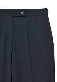 Pantalons bleu marine foncé à la texture lisse, avec une fermeture à un bouton et deux poches latérales, conçus avec une coupe droite classique.