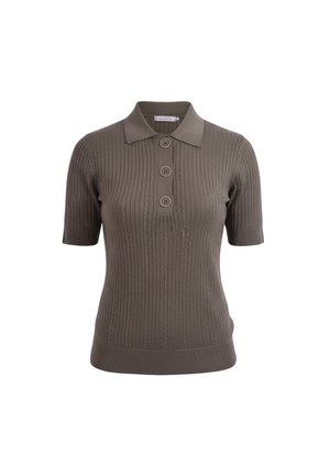 Polo marrone a maniche corte in maglia a costine con tre grandi bottoni e colletto classico.