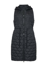 Black quilted vest with a hood, front zipper, adjustable drawstring waist, and a textured pattern resembling rounded shapes.
