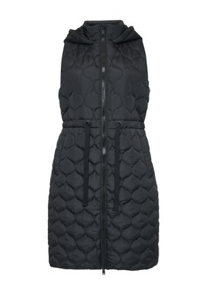 Gilet matelassé noir avec capuche, fermeture éclair à l'avant, taille ajustable avec cordon de serrage, et un motif texturé ressemblant à des formes arrondies.