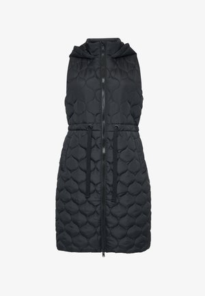 Zwarte gewatteerde vest met een capuchon, ritssluiting aan de voorkant, verstelbare trekkoord taille en een gemêleerd patroon met ronde vormen.