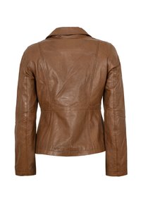 Braune Lederjacke mit tailliertem Schnitt, langen Ärmeln und Reverskragen. Mit sichtbaren Nähten und einer glatten, strukturierten Oberfläche.