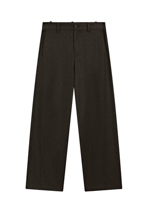Pantaloni a gamba larga in tessuto scuro, con un frontale piatto con passanti per cintura, due tasche laterali e una chiusura con bottone classico.