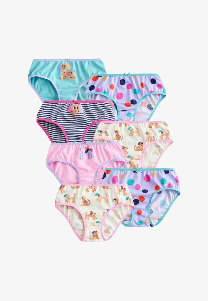 Sept paires de sous-vêtements pour enfants colorés avec des motifs de chiens et de pois, disposées en cascade sur un fond blanc.