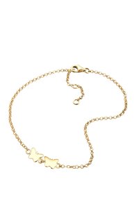 Guldarmband med fjärilar som har en delikat kedja med två fjärilsberlocker. Designen är linjär med en slät finish och både krok.