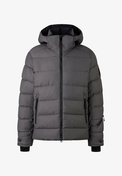 Šedá péřová bunda s kapucí, s horizontálním prošíváním, předním zipem a dvěma bočními kapsami na zip. Černé akcenty na manžetách.