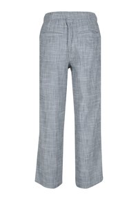 Šedé kostkované kalhoty s elastickým pasem, rovnými nohavicemi, dvěma zadními kapsami a texturovaným povrchem.