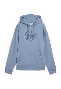 Lichtblauwe hoodie met een voorzak, een capuchon met trekkoord en een geborduurd Puma-logo in bijpassend blauw op de borst.