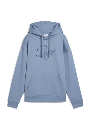 Lys blå hoodie med forlommer, snøretræk til hætten og broderet Puma-logo i matchende blå på brystet.