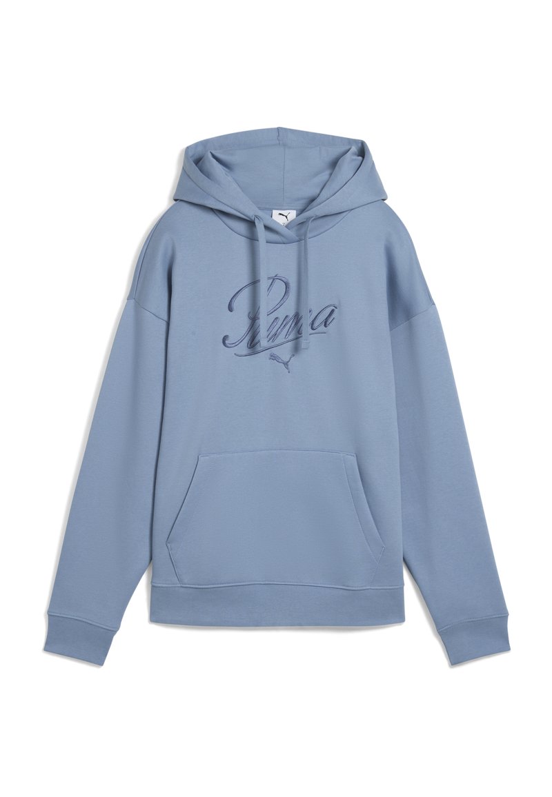 Lichtblauwe hoodie met een voorzak, een capuchon met trekkoord en een geborduurd Puma-logo in bijpassend blauw op de borst.