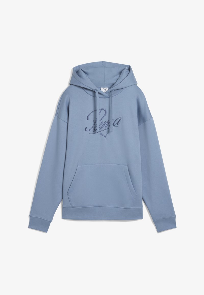 Lichtblauwe hoodie met een voorzak, een capuchon met trekkoord en een geborduurd Puma-logo in bijpassend blauw op de borst.