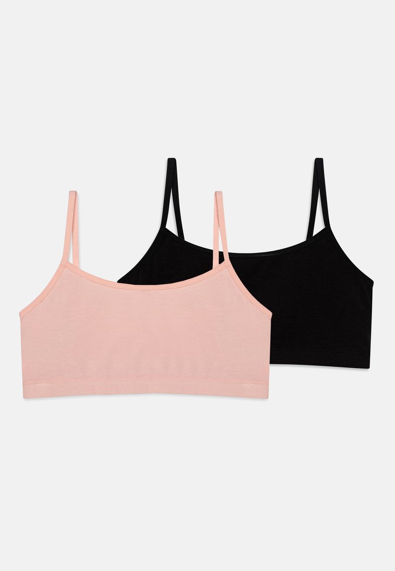 Deux soutiens-gorge de style camisole en tissu doux : un rose pâle et un noir, avec des bretelles fines et un design sans coutures.
