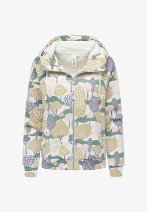 Veste à capuche zippée blanche avec un motif d'arbre abstrait coloré, présentant des nuances de vert, de rose et de beige. Matière douce et texturée.