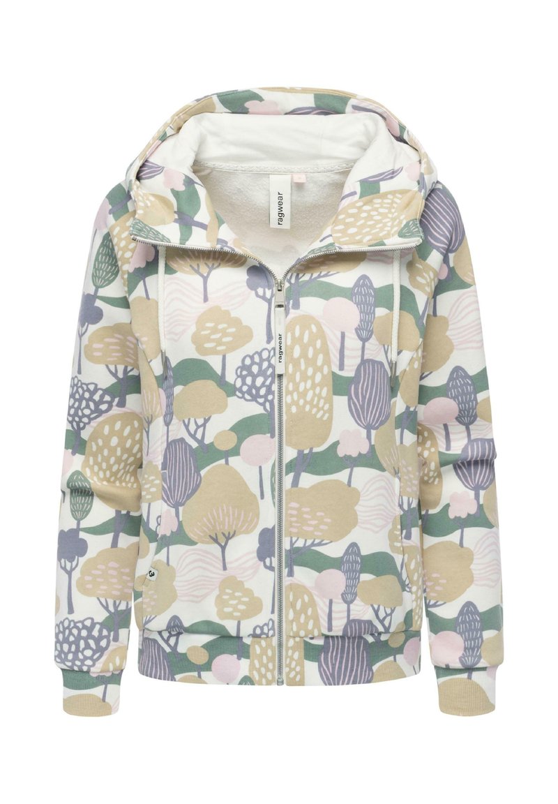 Giacca con cappuccio e zip di colore bianco, con un motivo ad albero astratto dai colori vivaci, che include sfumature di verde, rosa e beige. Materiale morbido al tatto.