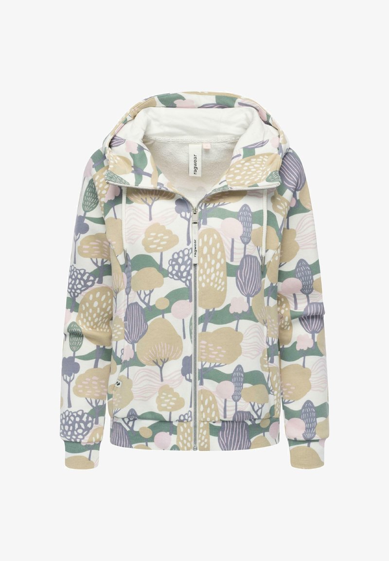 Weiße Kapuzenjacke mit Reißverschluss, verziert mit einem bunten abstrakten Baum-Muster in Grüntönen, Pink und Beige. Aus weichem, strukturiertem Material.