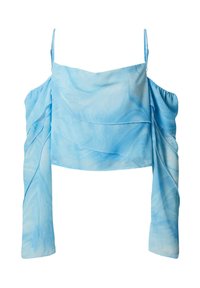 Lichtblauw cropped top met schoudervrije mouwen, voorzien van een gemarmerd ontwerp en zachte stof. Rimpeldetails langs de zijkanten.