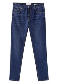 Dark blue denim jeans with a slim fit, featuring classic five-pocket design, contrast stitching, and a smooth texture.