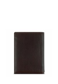 Portafoglio in pelle marrone con una texture liscia, design verticale e dettagli di cucitura sottili lungo i bordi. Dimensioni compatte e forma rettangolare.