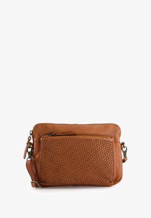 Tan leather crossbody bag featuring a woven texture on the front, a zippered pocket, and a detachable strap. Smooth surface with soft finish.