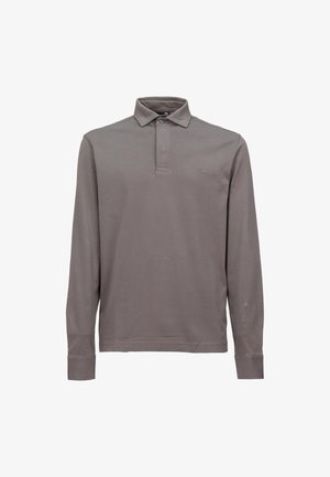 Langärmeliges Polo-Shirt in Hellgrau, aus weichem Baumwollmaterial, mit klassischem Kragen und zwei-Knopf-Leiste, mit gesticktem Logo auf der Brust.