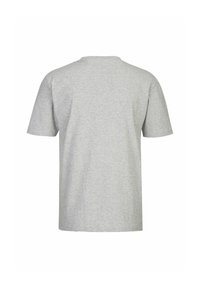 Grijze katoenen T-shirt, korte mouwen, klassieke ronde hals, gladde textuur, effen kleur, geen zichtbare patronen of accenten, achterkant weergegeven.