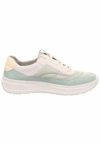 Lightweight sneakers with a white and pastel green design, featuring a suede and smooth leather upper, round toe, and thick white sole.