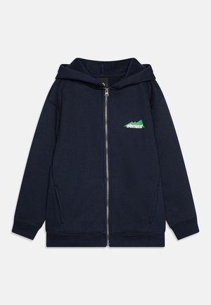 Navy zip-up hoodie made of soft fabric. Features a green mountain graphic and side pockets. Includes a drawstring hood and ribbed cuffs.