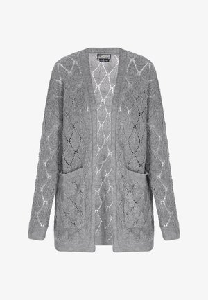 Gray knitted cardigan with open front, featuring a lace pattern and two front pockets. Textured detail enhances the design.