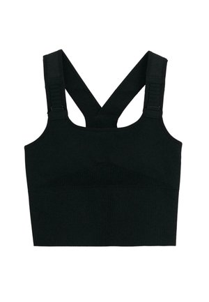 Sort ribbet sportsbh med brede, krydsende stropper og justerbart udstyr. Glat tekstur og tætsiddende design for støtte.