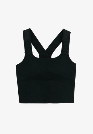 Sort ribbet sportsbh med brede, krydsende stropper og justerbart udstyr. Glat tekstur og tætsiddende design for støtte.