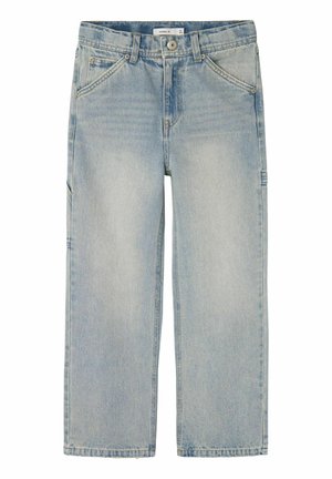 Lyseblå denimjeans med lige ben, fem lommer og lukning med knap og lynlås, designet til børn.