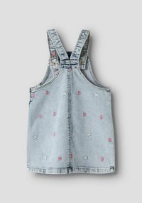 Šviesiai mėlynos spalvos džinsinė suknelė su rožinės ir baltos spalvų širdelių siuvinėjimu. Su reguliuojamomis petnešėlėmis ir metaliniais mygtukais šonuose.