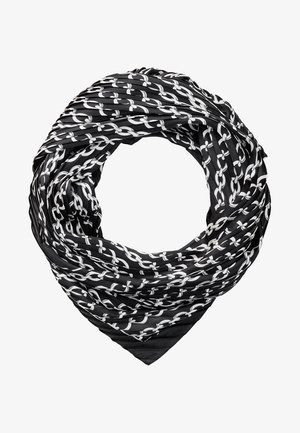 Écharpe en tissu noir avec un motif chaîne blanc, pliée en boucle avec une extrémité pointue.