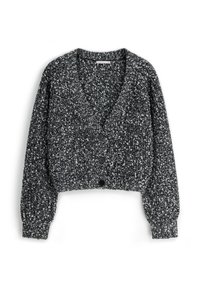 Krótki kardigan w czarno-białym melanżowym wzorze. Posiada głęboki dekolt w kształcie litery V, długie bufiaste rękawy oraz sześć czarnych guzików z przodu.