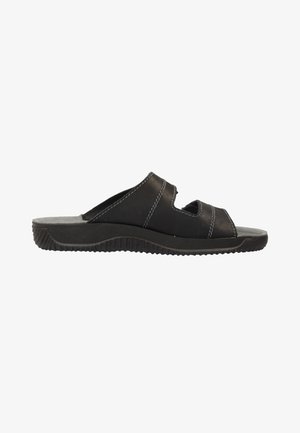 Zwarte open-toe slide sandaal met twee brede banden, zichtbare witte stiksels, gevoerde zool en gestructureerde rubberen loopzool.