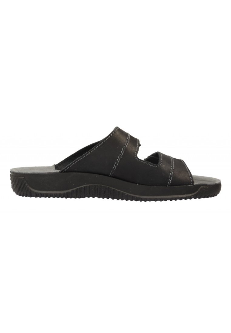 Sandal aperto nero con due fasce larghe, cuciture bianche visibili, soletta imbottita e suola in gomma testurizzata.