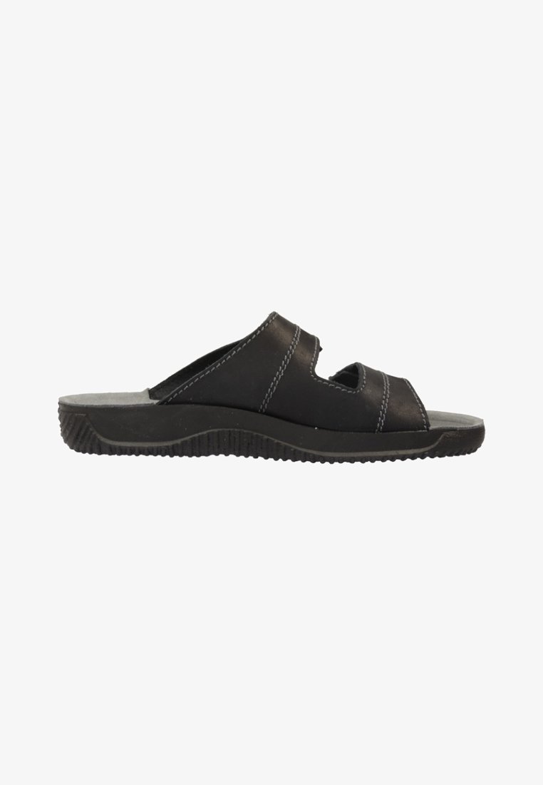 Zwarte open-toe slide sandaal met twee brede banden, zichtbare witte stiksels, gevoerde zool en gestructureerde rubberen loopzool.