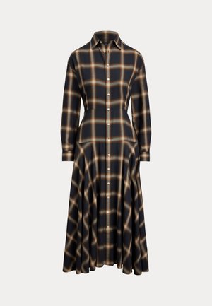 Button-up plaid dress in dark navy with beige and brown checks. Features a fitted bodice and flared, knee-length skirt with long sleeves.