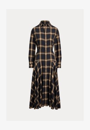 Button-up plaid dress in dark navy with beige and brown checks. Features a fitted bodice and flared, knee-length skirt with long sleeves.