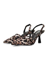 Decolletè con stampa leopardata e tacco a stiletto, con punta affusolata, cinturini neri e fibbie color oro. Tacco a stiletto con finitura in pelle testurizzata.