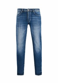 Jeans denim slim-fit blu con lavaggio sbiadito, cinque tasche e chiusura con bottone in metallo. Presenta dettagli di cucitura lungo le cuciture.