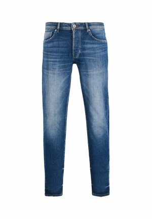 Slim-Fit blaue Jeans aus Denim mit einem verblassten Finish, fünf Taschen und einem Metallknopfverschluss. Mit Nähdetails entlang der Nähte.
