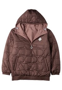 Hnedá prešívaná bunda s kapucňou, ktorá má polovičný zips, elastické manžety a dve bočné vrecká. Podšitá svetlejšou hnedou podšívkou.