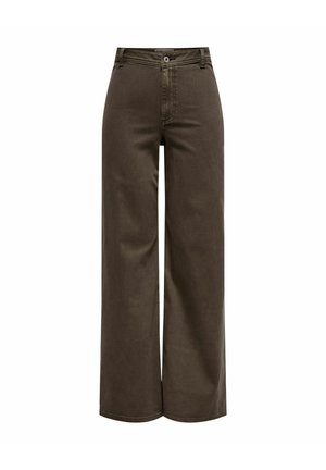 Kõrge vöökohaga laia säärega pruunid püksid esiküljel nööpide ja tõmblukuga, vööaugudega ning ilma nähtavate taskuteta, valgel taustal.