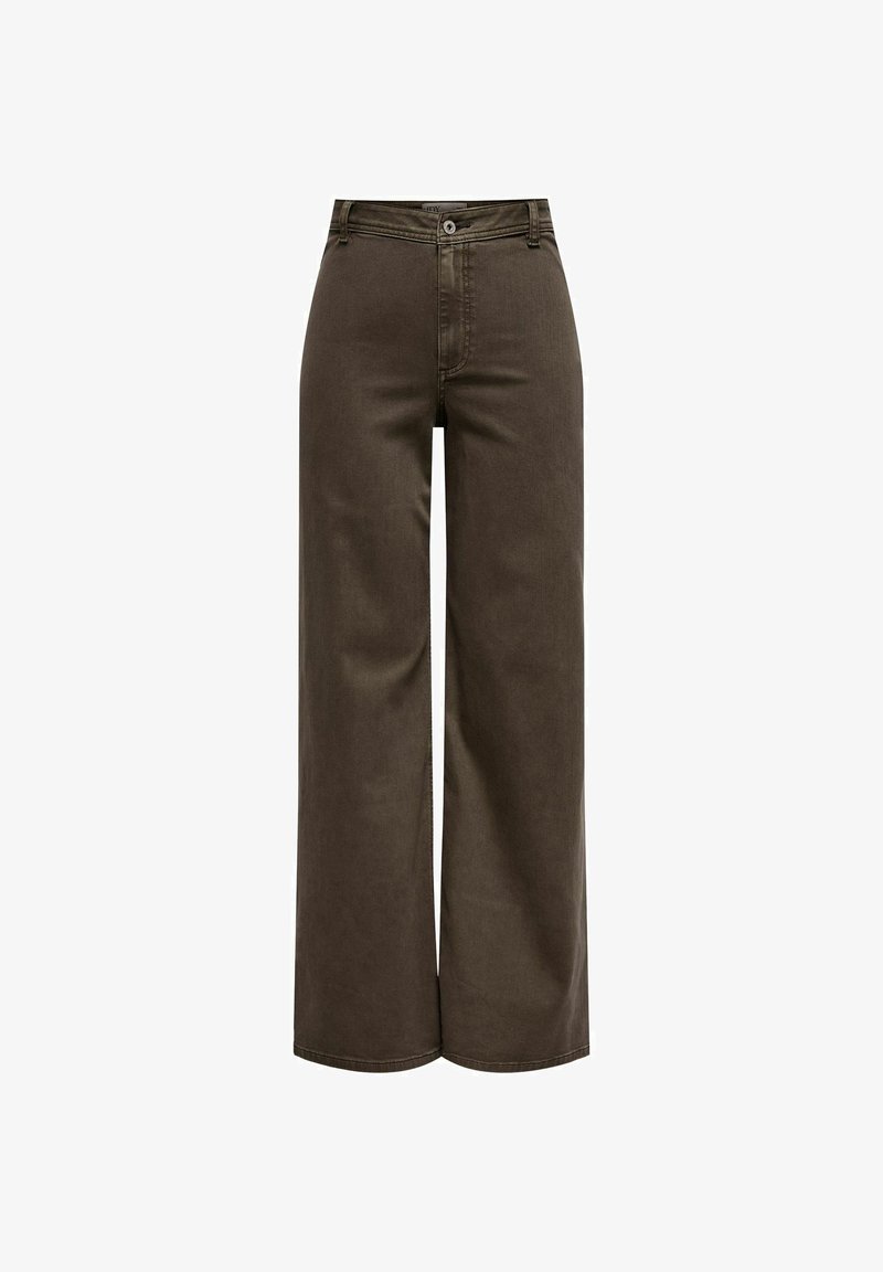 Hnedé nohavice s vysokým pásom a širokými nohavicami, so zapínaním na gombíky a zips vpredu, pántami na opasok a bez viditeľných vreciek, zobrazené na bielom pozadí.