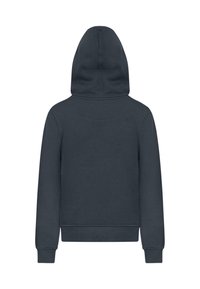 Felpa grigia scura con cappuccio, polsini e orlo a costine. Presenta una trama di tessuto liscia e un design semplice e classico senza decorazioni.