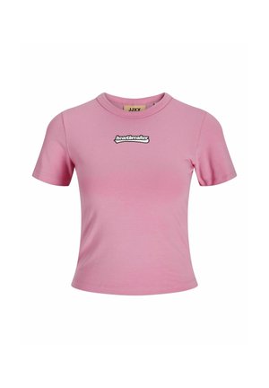 Tricou din bumbac roz cu mânecă scurtă, având un gât rotund și un logo negru "heartbreakers" pe partea din față, deasupra pieptului.